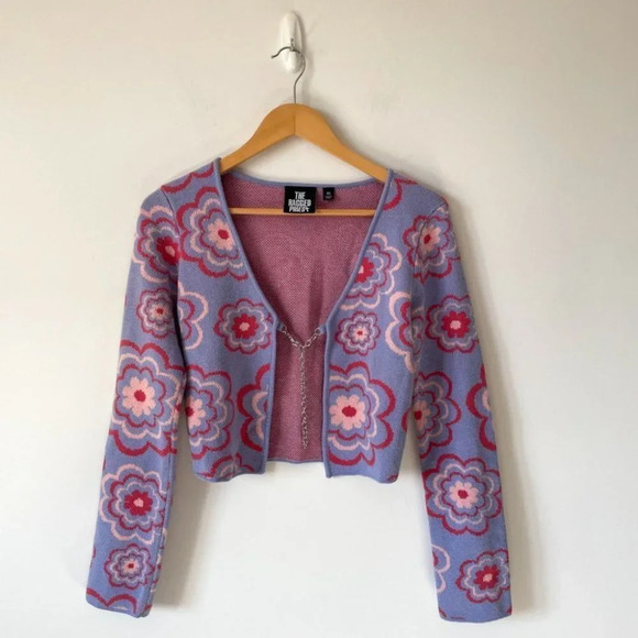 The Ragged Priest Free Bird Knit  Top Open Front Cardigan Purple Pink Floral XS - Picture 3 of 8